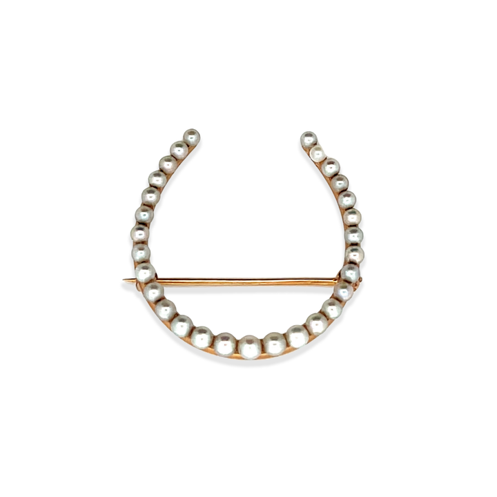 Estate 14K Yellow Gold Natural Seed Pearl Edwardian Horseshoe Brooch
