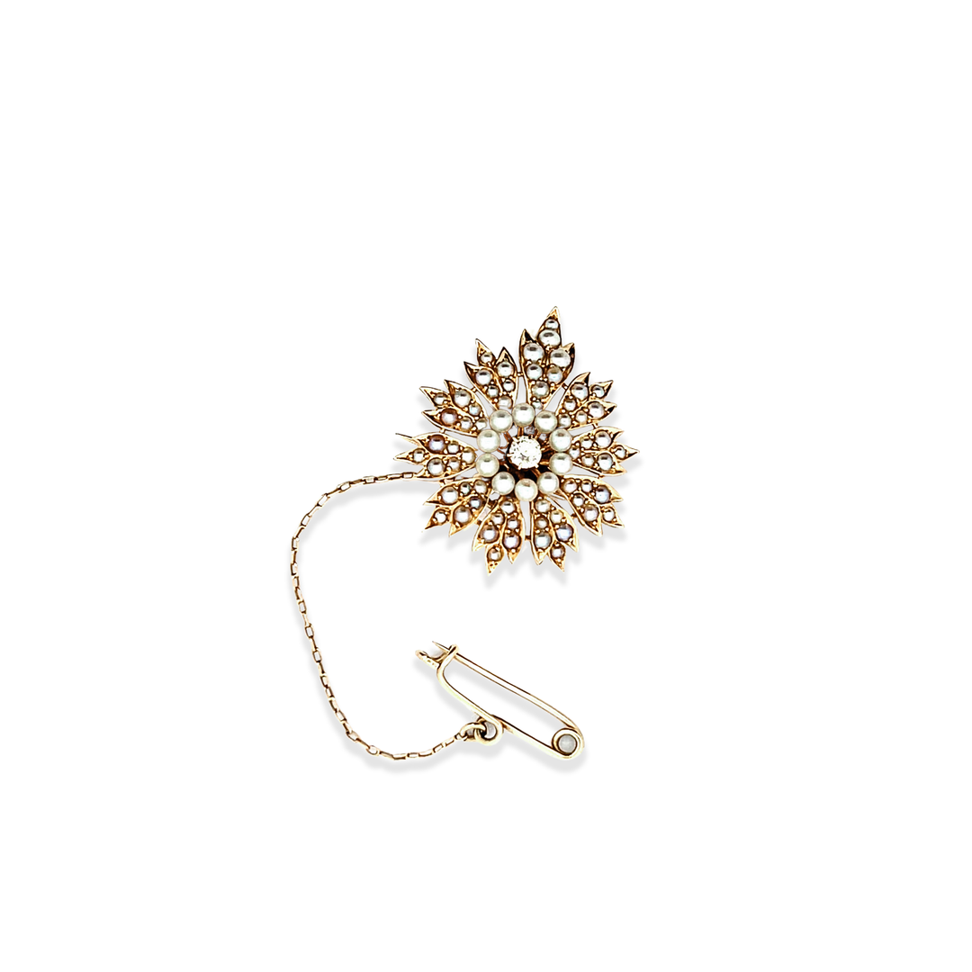 Estate 14K Yellow Gold Old European-Cut Diamond & Pearl Victorian Flower Brooch