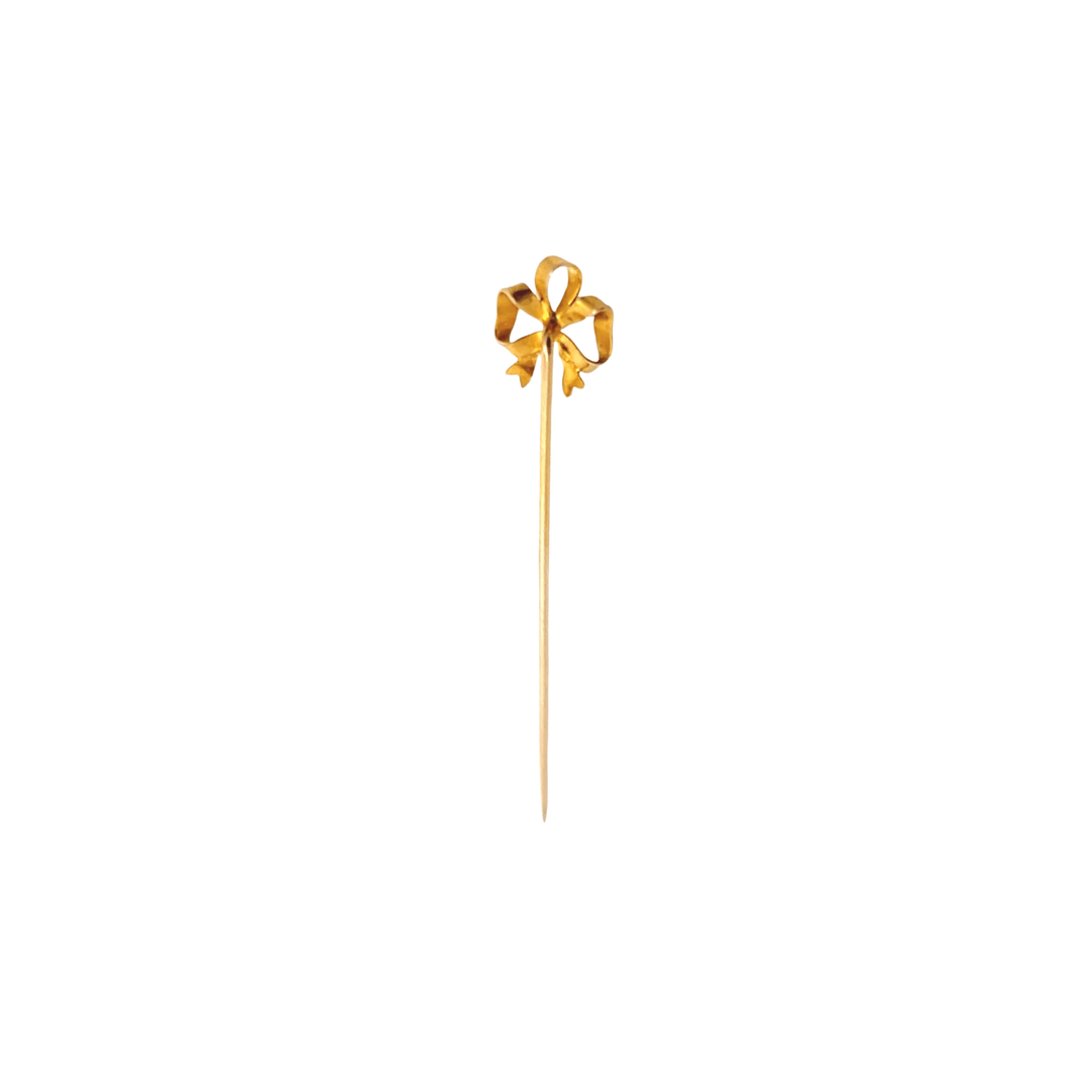 Estate Edwardian 14K Yellow Gold Pearl Hammered Bow Stick Pin