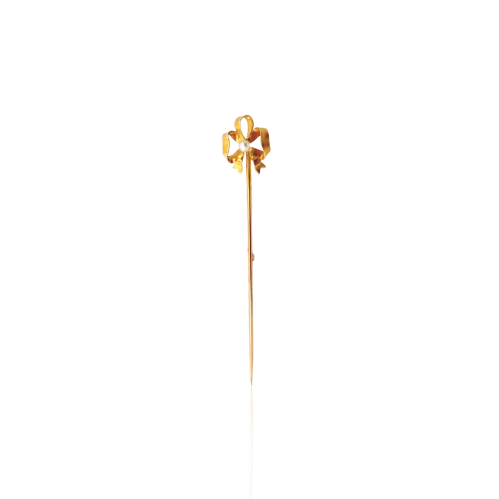 Estate Edwardian 14K Yellow Gold Pearl Hammered Bow Stick Pin