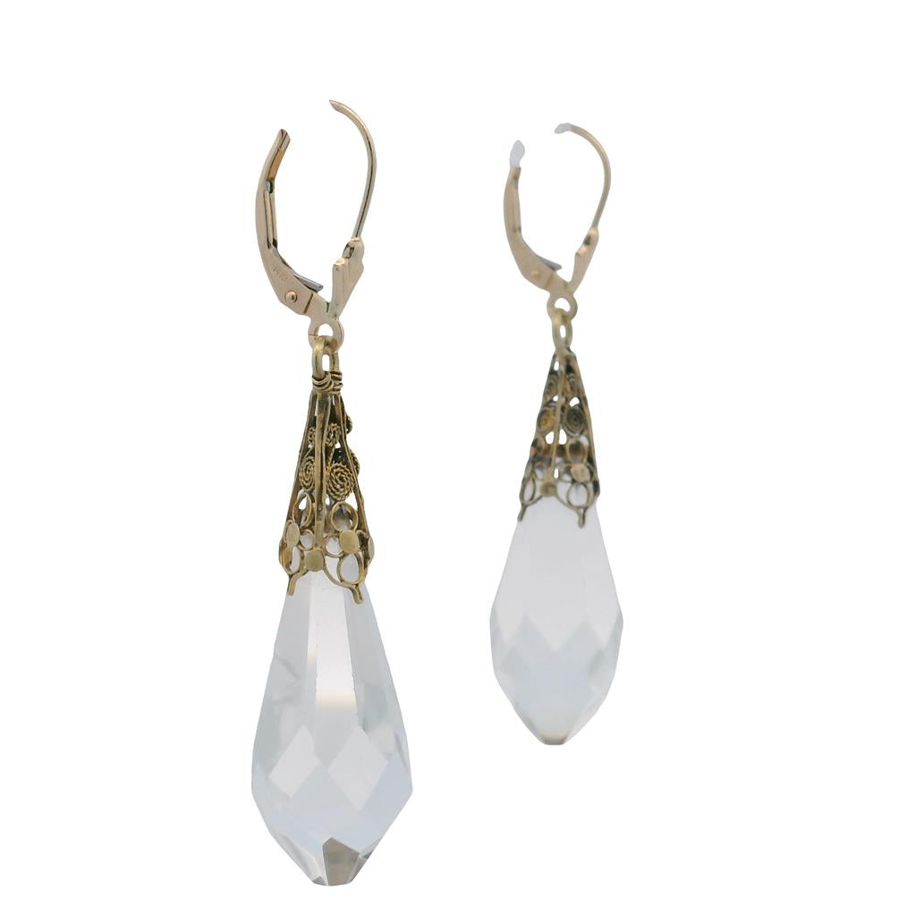 Estate 14K Yellow Gold Rock Crystal Briolette Drop Earrings - Lever Back