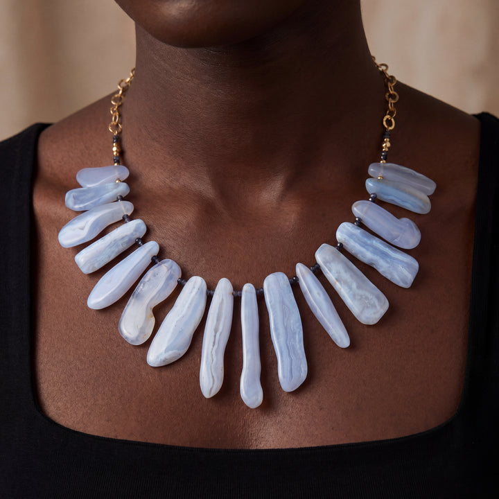 Estate 14K Yellow Gold-Filled Blue Lace Agate Bib Necklace