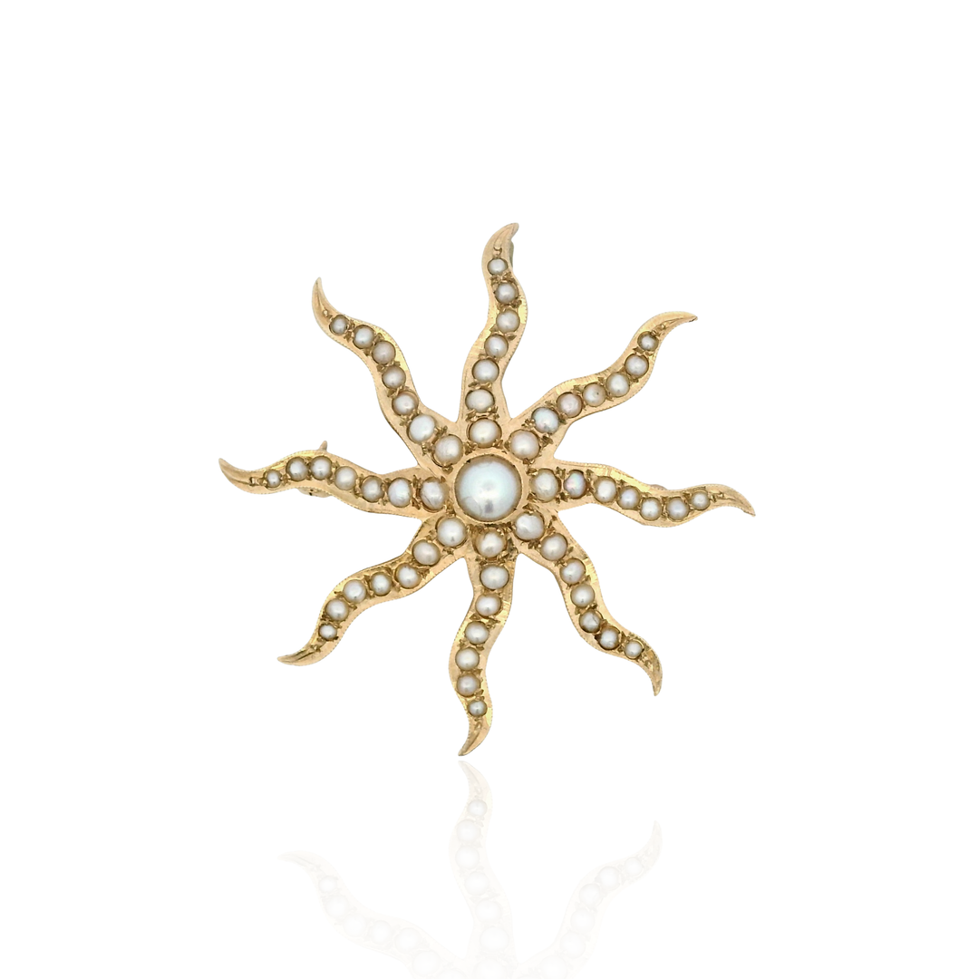 Estate 14K Yellow Gold Natural Pearl Antique Sunburst Brooch