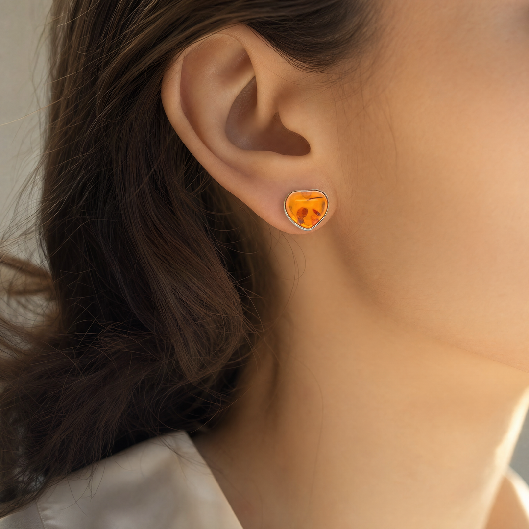 Estate Sterling Silver Heart Cabochon Amber Stud Earrings