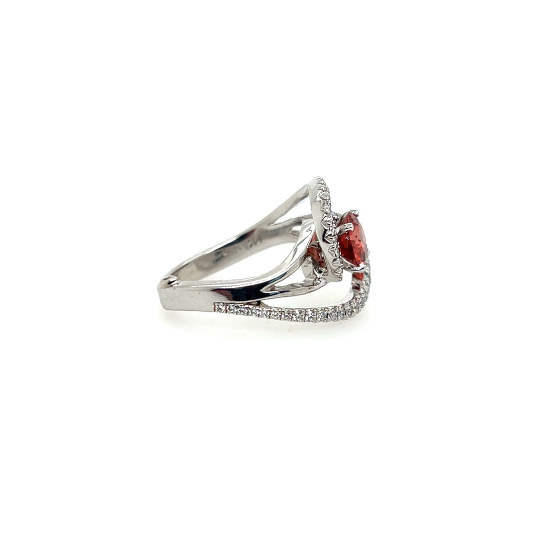 Estate 14K White Gold Round Spesssartine Garnet & Diamond Bypass Ring by Mark Schneider