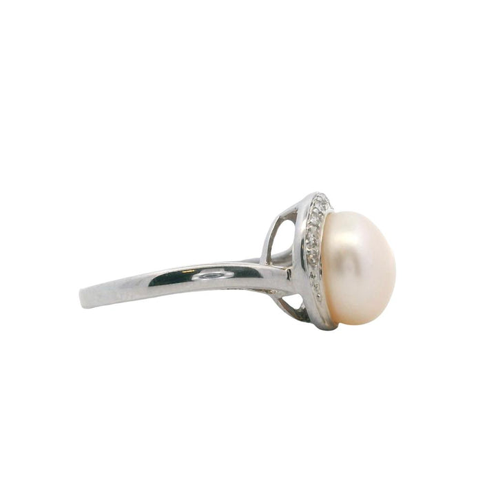 Estate 10K White Gold 9mm Freshwater Pearl & Diamond Bypass Ring
