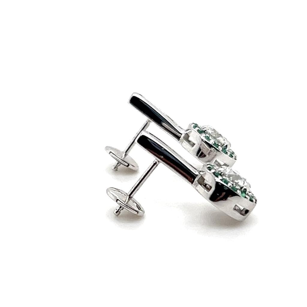 Estate 14K White Gold 1.33ctw Diamond & Emerald Halo Drop Earrings
