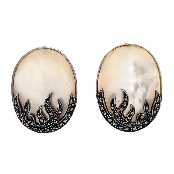 Estate Sterling Silver Mother of Pearl & Marcasite Oval Stud Earrings