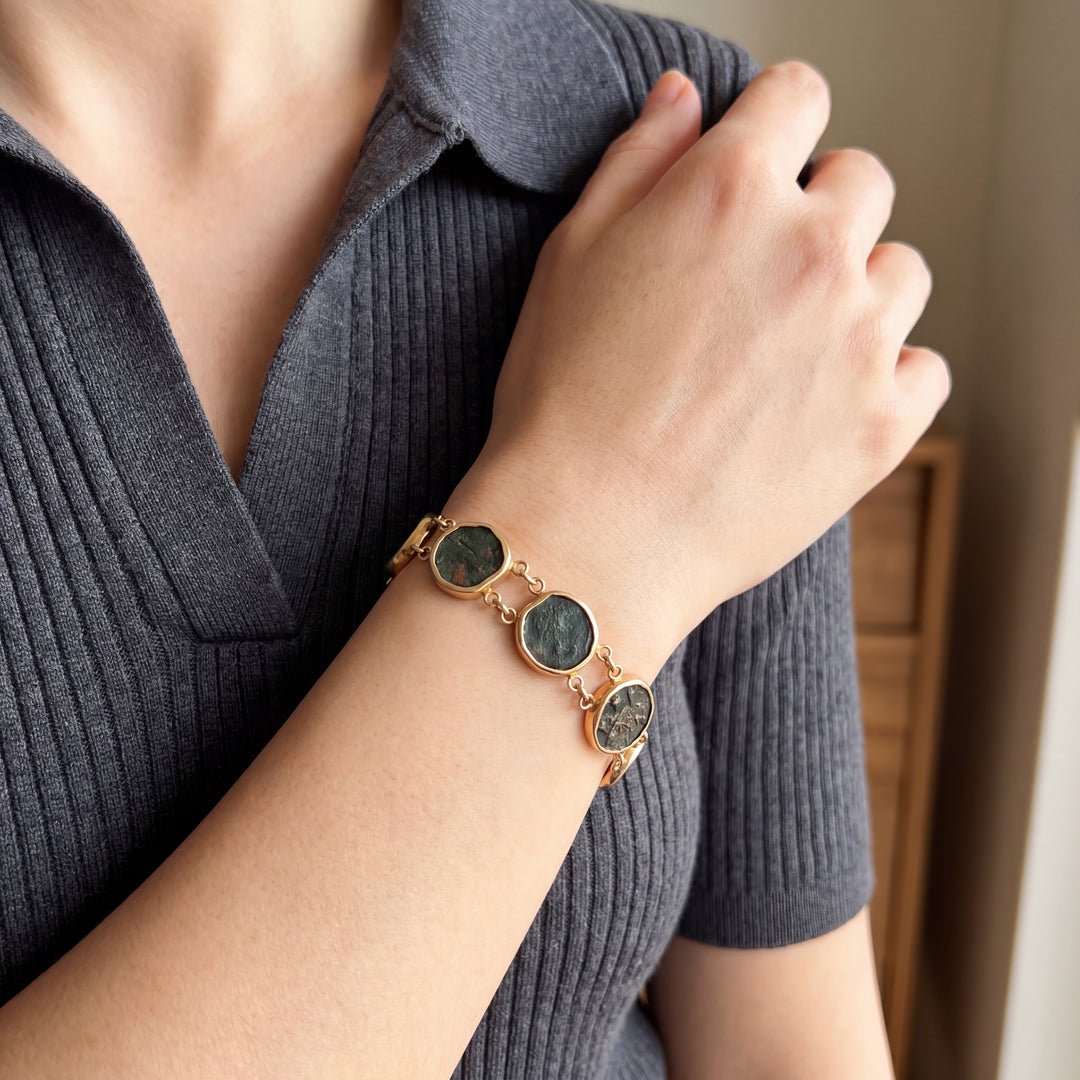 Estate 14K Yellow Gold Ancient Roman Bronze Coin Bracelet