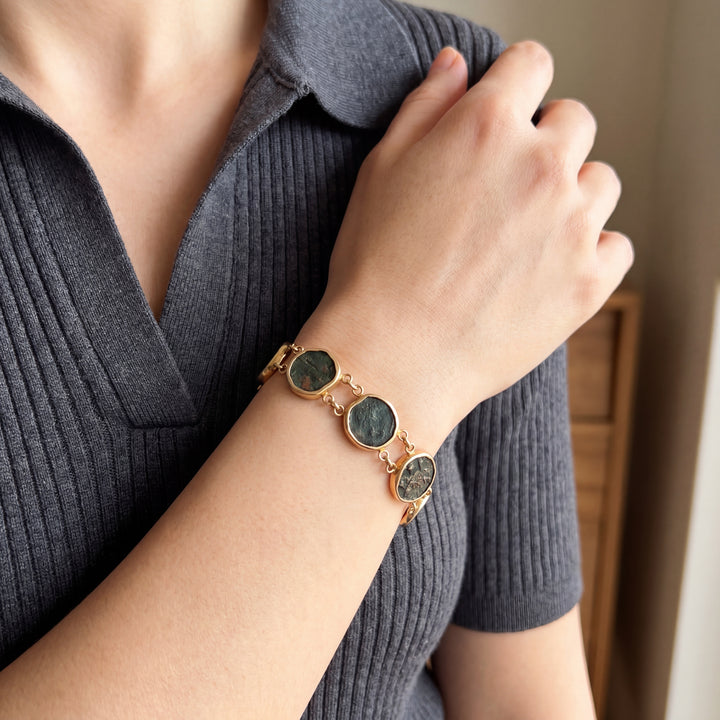 Estate 14K Yellow Gold Ancient Roman Bronze Coin Bracelet