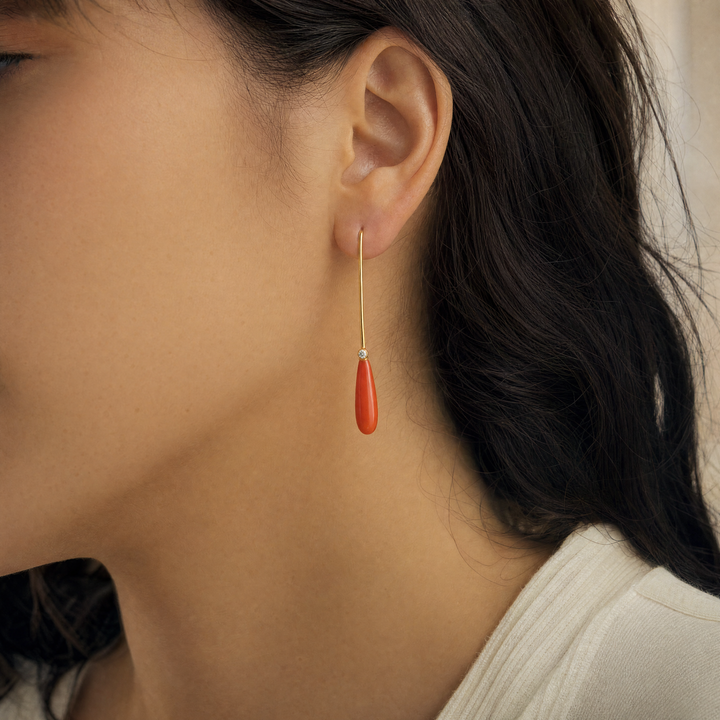 Estate 18KT Yellow Gold Coral & Diamond Drop Earrings, ca. 1980's