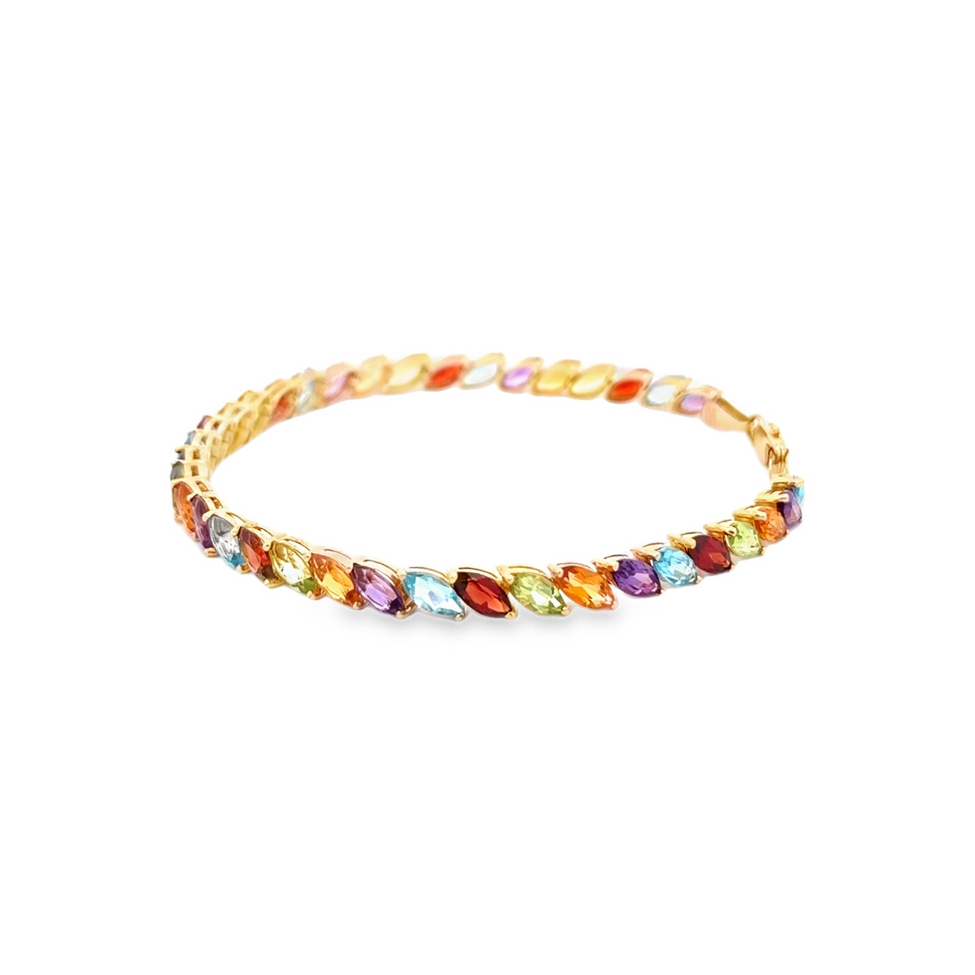 Estate 14K Yellow Gold Marquise Rainbow Gemstone Line Bracelet