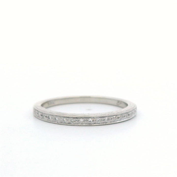 Estate 10K White Gold Single-Cut Diamond Engraved Wedding Band - 0.15 TCW Contemporary Design