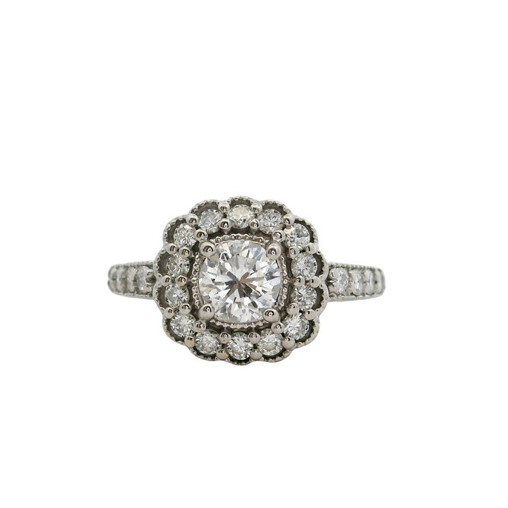 Estate Contemporary 14K White Gold Double Halo Diamond Cluster Engagement Ring - GIA Certified