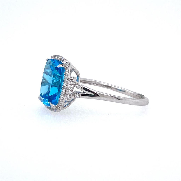 14K White Gold 3.78ctw Blue Topaz & Diamond Halo Ring by Bellarri