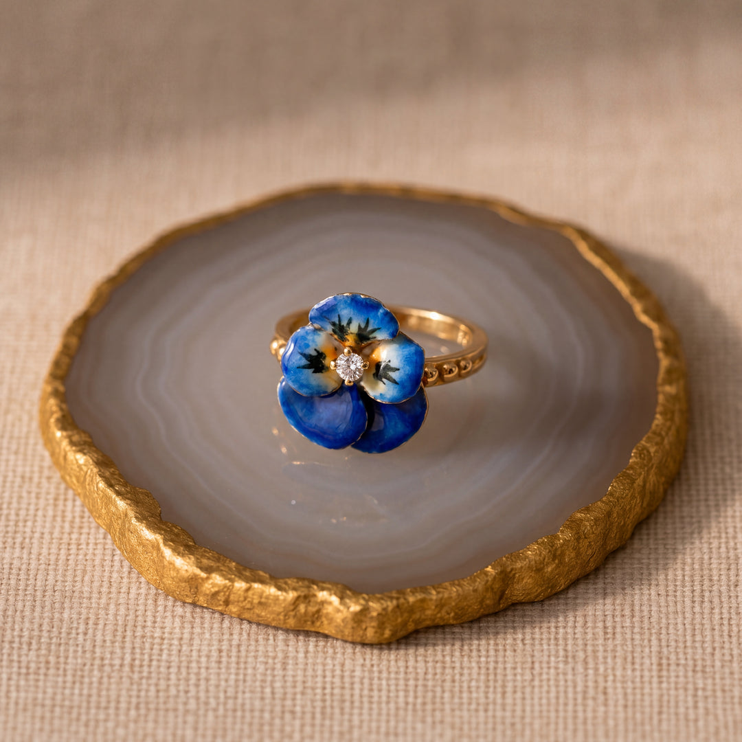 Estate 14K Yellow Gold Diamond Painted Pansy Ring, Size 6.75, circa 1900