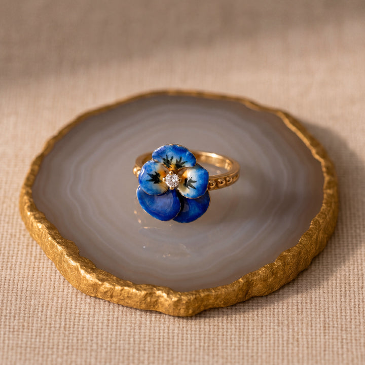 Estate 14K Yellow Gold Diamond Painted Pansy Ring, Size 6.75, circa 1900