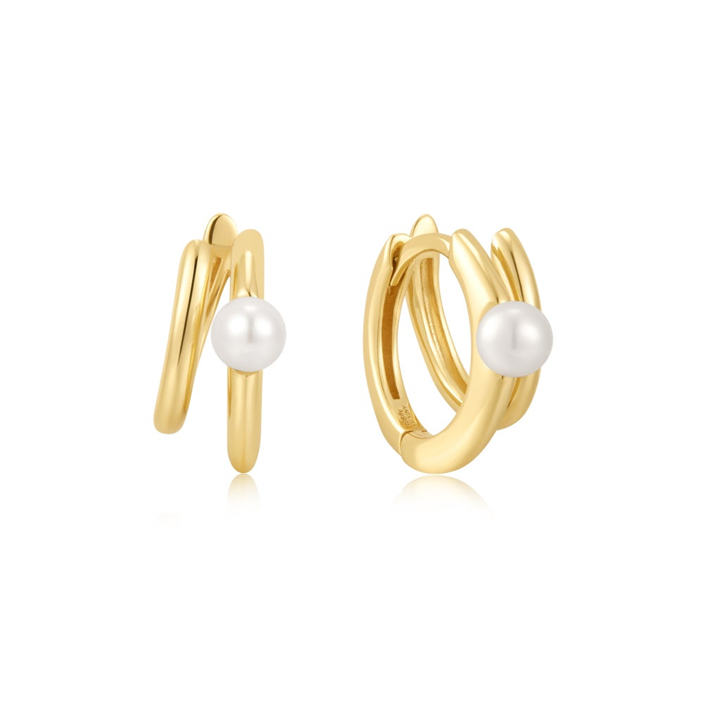 Gold Plated Pearl Double Huggie Hoop Earrings by Ania Haie