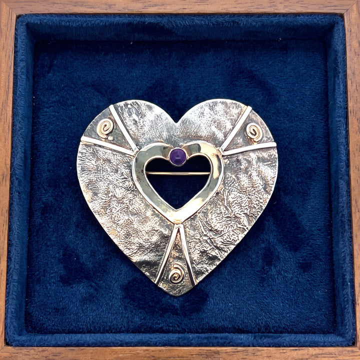Estate Circa 1990s Two-Tone Hammered Metal Amethyst Heart Brooch