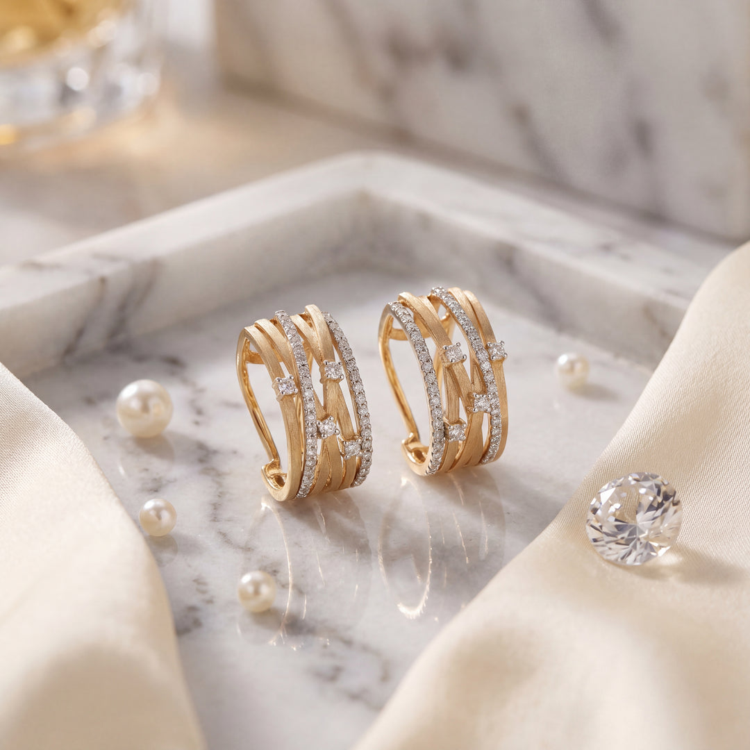 Estate 14K Yellow Gold 1.70CTW Diamond Lattice J-Hoop Earrings