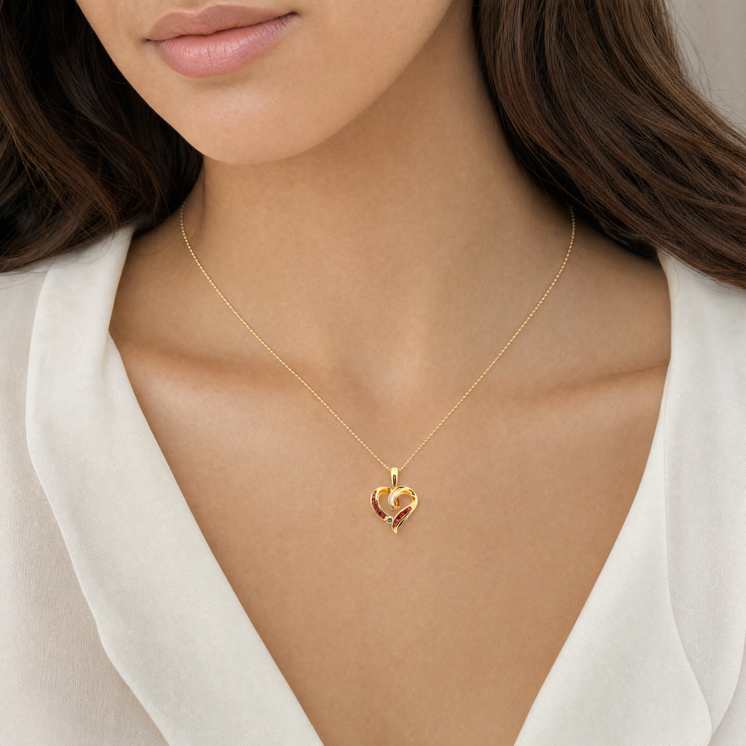 Estate 14KT Yellow Gold Square Ruby & Diamond Heart Pendant