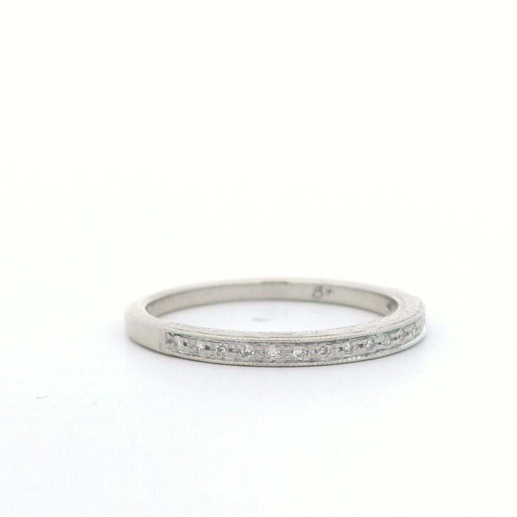 Estate 10K White Gold Single-Cut Diamond Engraved Wedding Band - 0.15 TCW Contemporary Design
