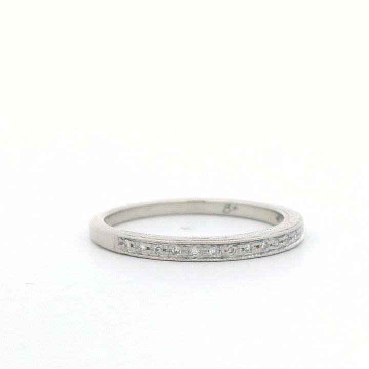 Estate 10K White Gold Single-Cut Diamond Engraved Wedding Band - 0.15 TCW Contemporary Design