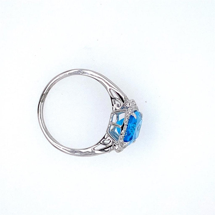 14K White Gold 3.78ctw Blue Topaz & Diamond Halo Ring by Bellarri