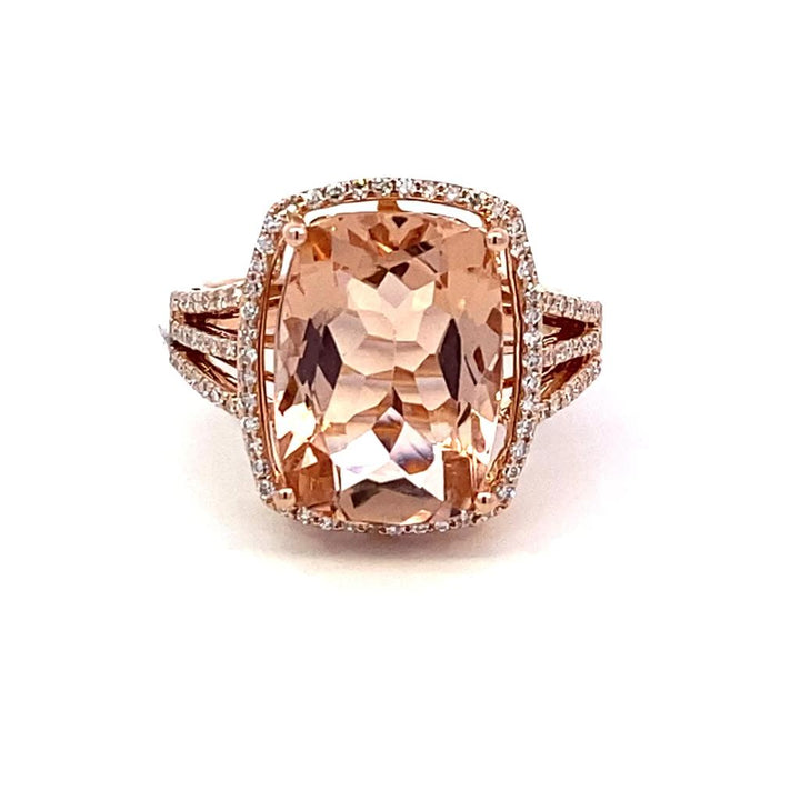 14K Rose Gold 6.61ctw Cushion Morganite & Diamond Halo Ring