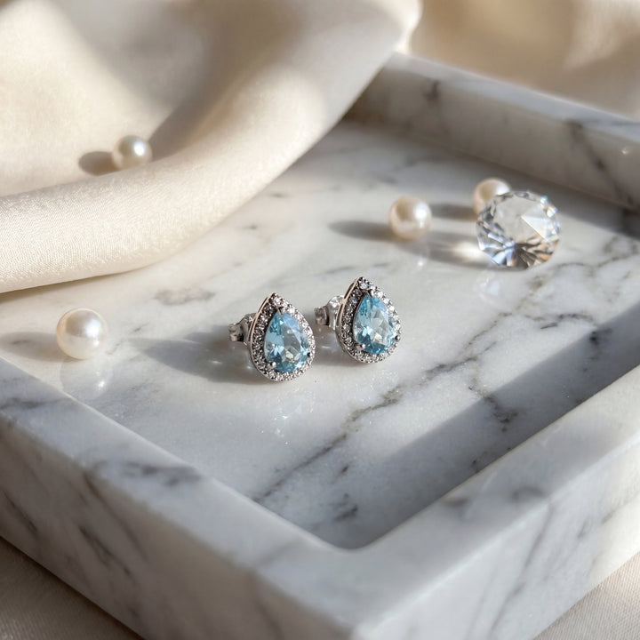 Estate Sterling Silver Pear Cut Blue Topaz & Cubic Zirconia Cluster Stud Earrings