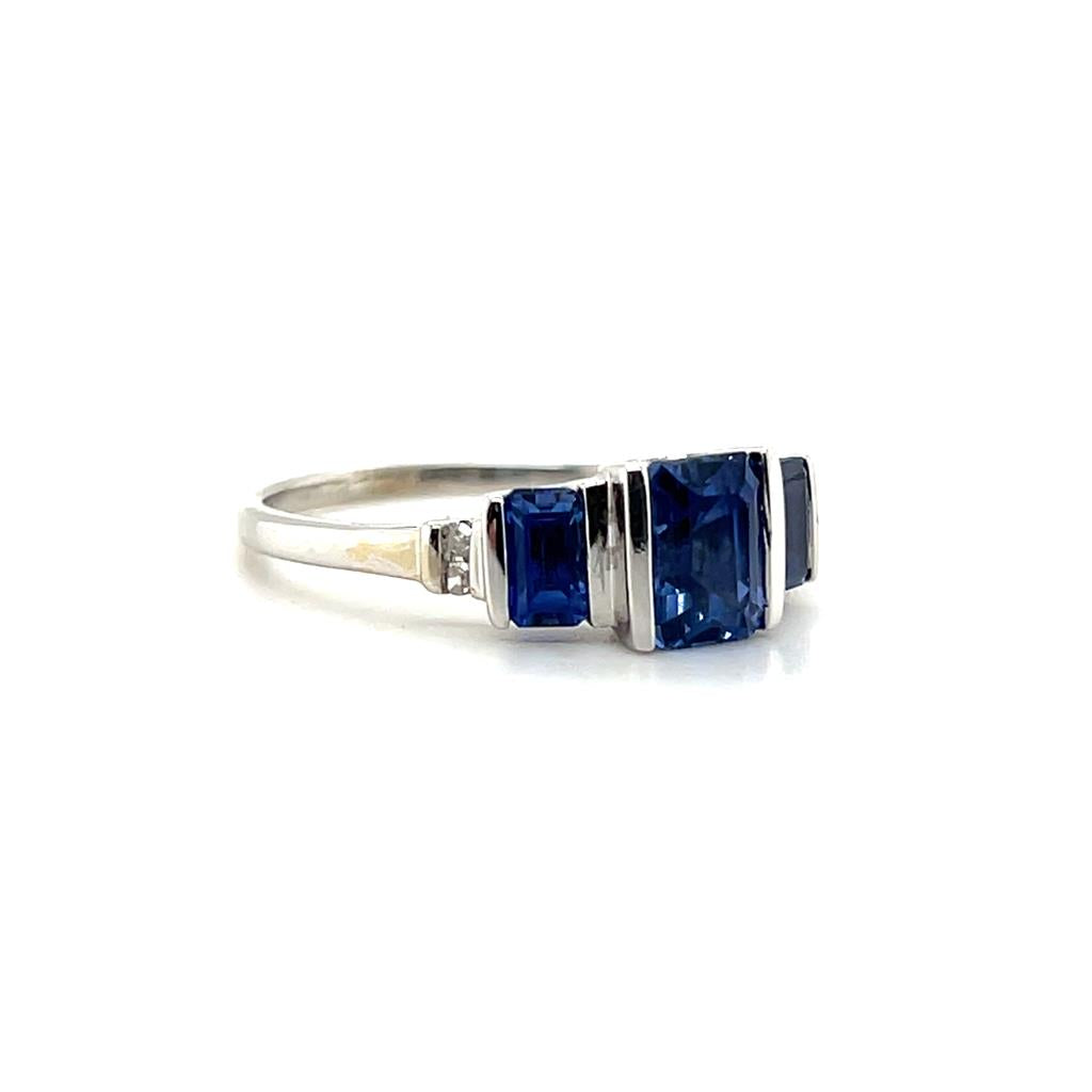Estate 10K White Gold Emerald Cut Iolite and Diamond Three Stone Ring