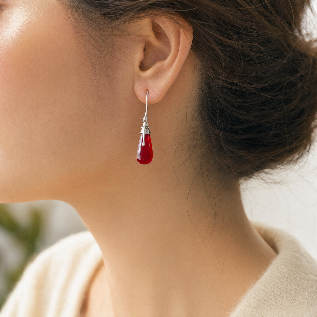Estate Sterling Silver French Wire Wrapped Red Glass Drop Earrings