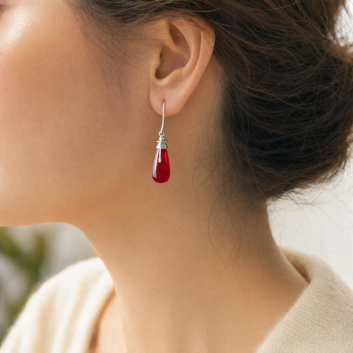 Estate Sterling Silver French Wire Wrapped Red Glass Drop Earrings