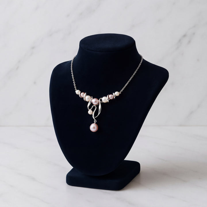 Estate Sterling Silver Multi-Color Pearl Ribbon Necklace