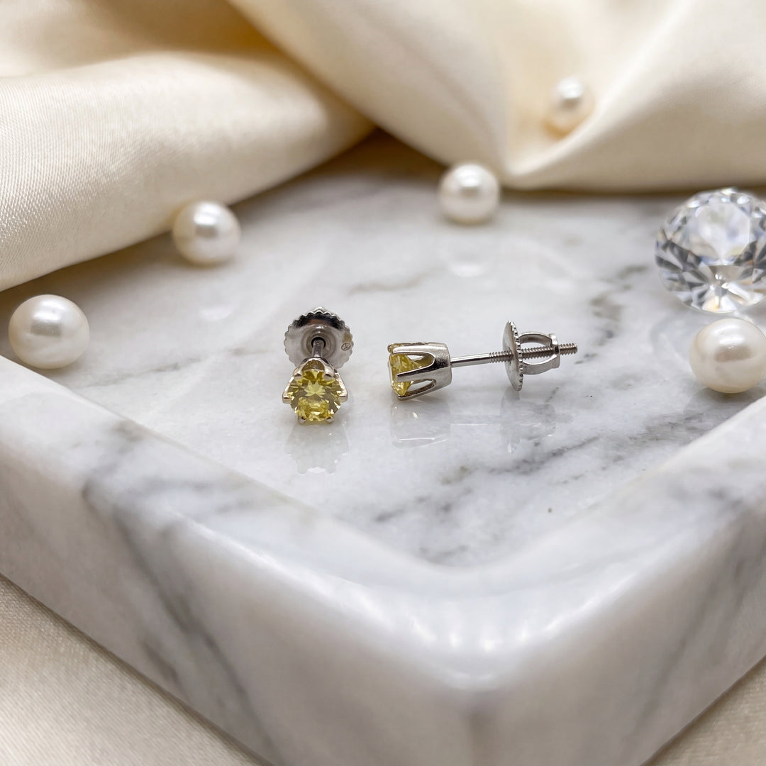 Estate 14K White Gold Fancy Light Yellow Round Brilliant Diamond Stud Earrings