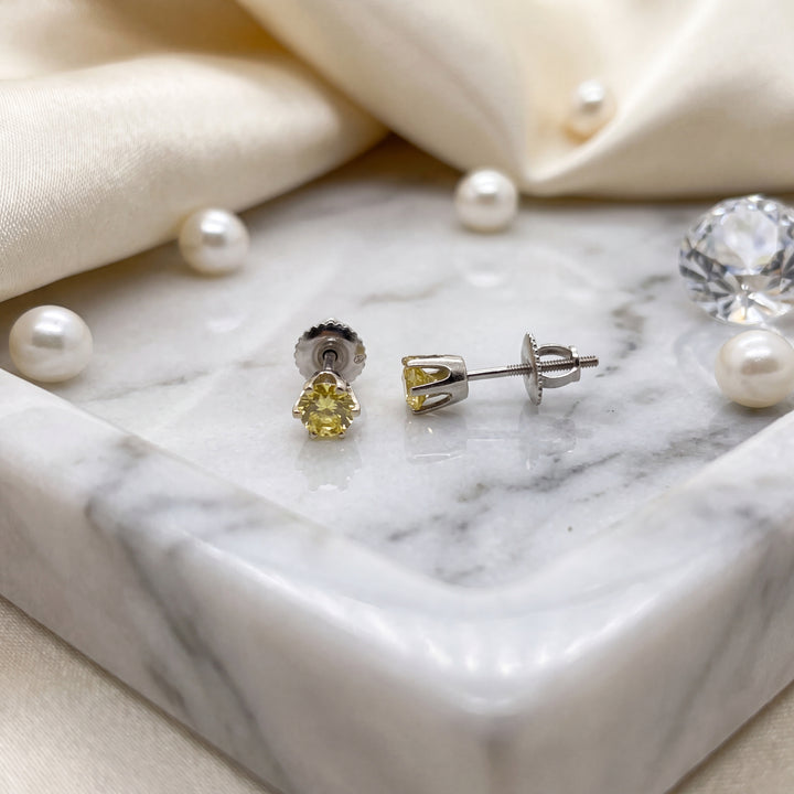 Estate 14K White Gold Fancy Light Yellow Round Brilliant Diamond Stud Earrings