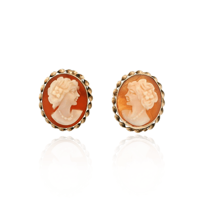 Estate 14K Yellow Gold Hand-Carved Shell Cameo Vintage Stud Earrings