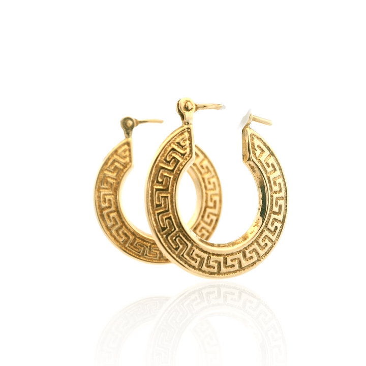 Estate 14K Yellow Gold Greek Key Flat Hoop Earrings