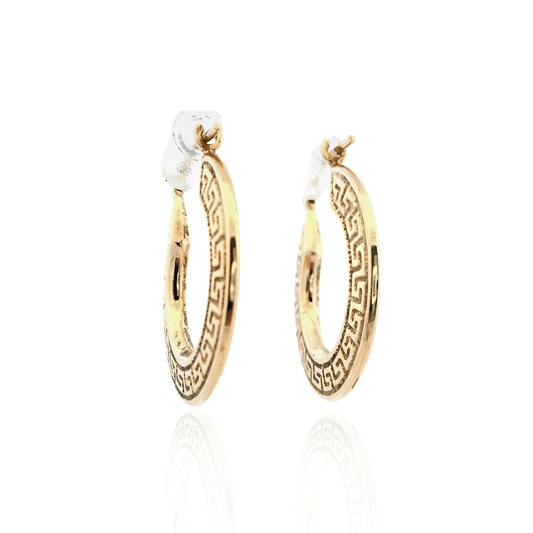Estate 14K Yellow Gold Greek Key Flat Hoop Earrings
