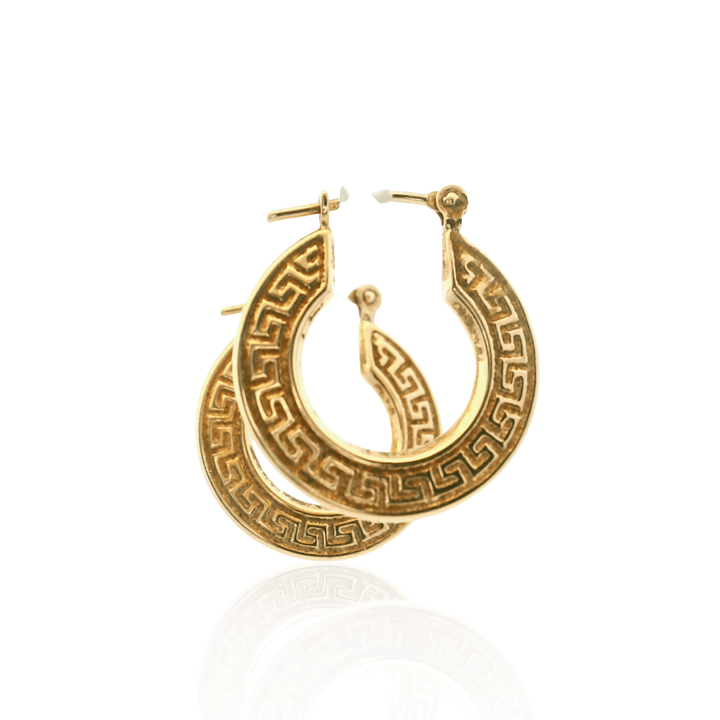 Estate 14K Yellow Gold Greek Key Flat Hoop Earrings