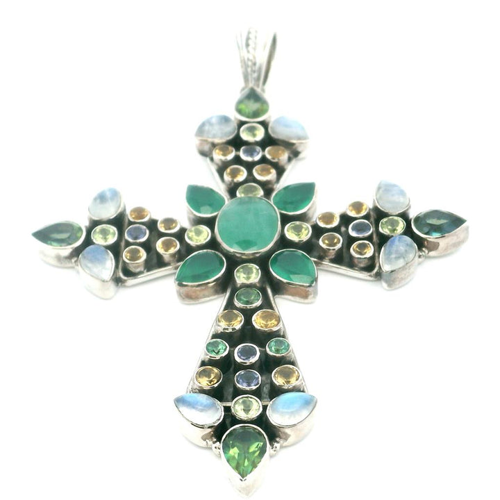 Estate Sterling Silver Multi Gemstone Cross Pendant