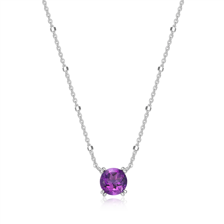 Sterling Silver Rhodium Plated Round Amethyst Sparkle Solitaire with 18" Chain