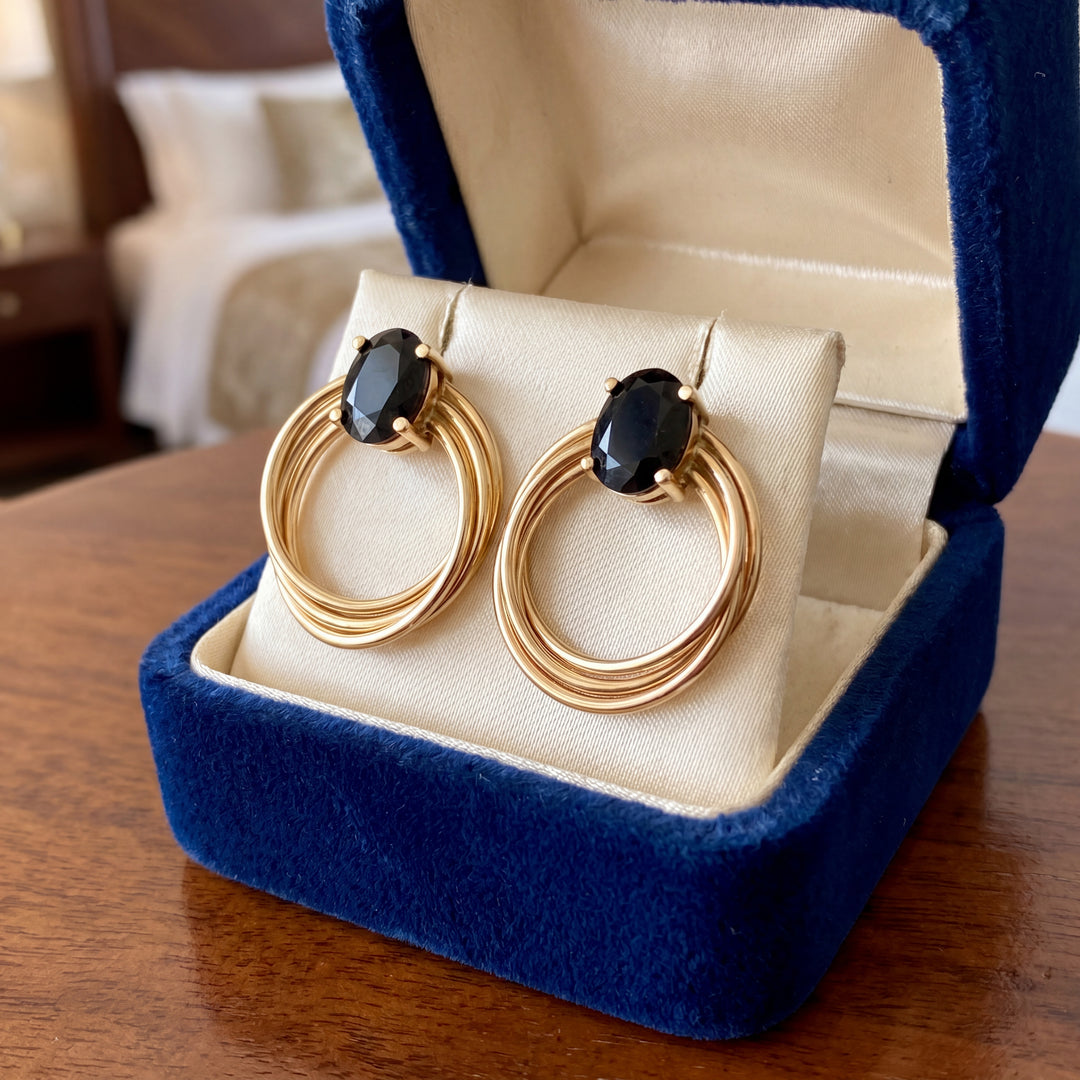 Estate 14K Yellow Gold 3.00CTW Oval Sapphire Multi-Tube Hoop Stud Earrings