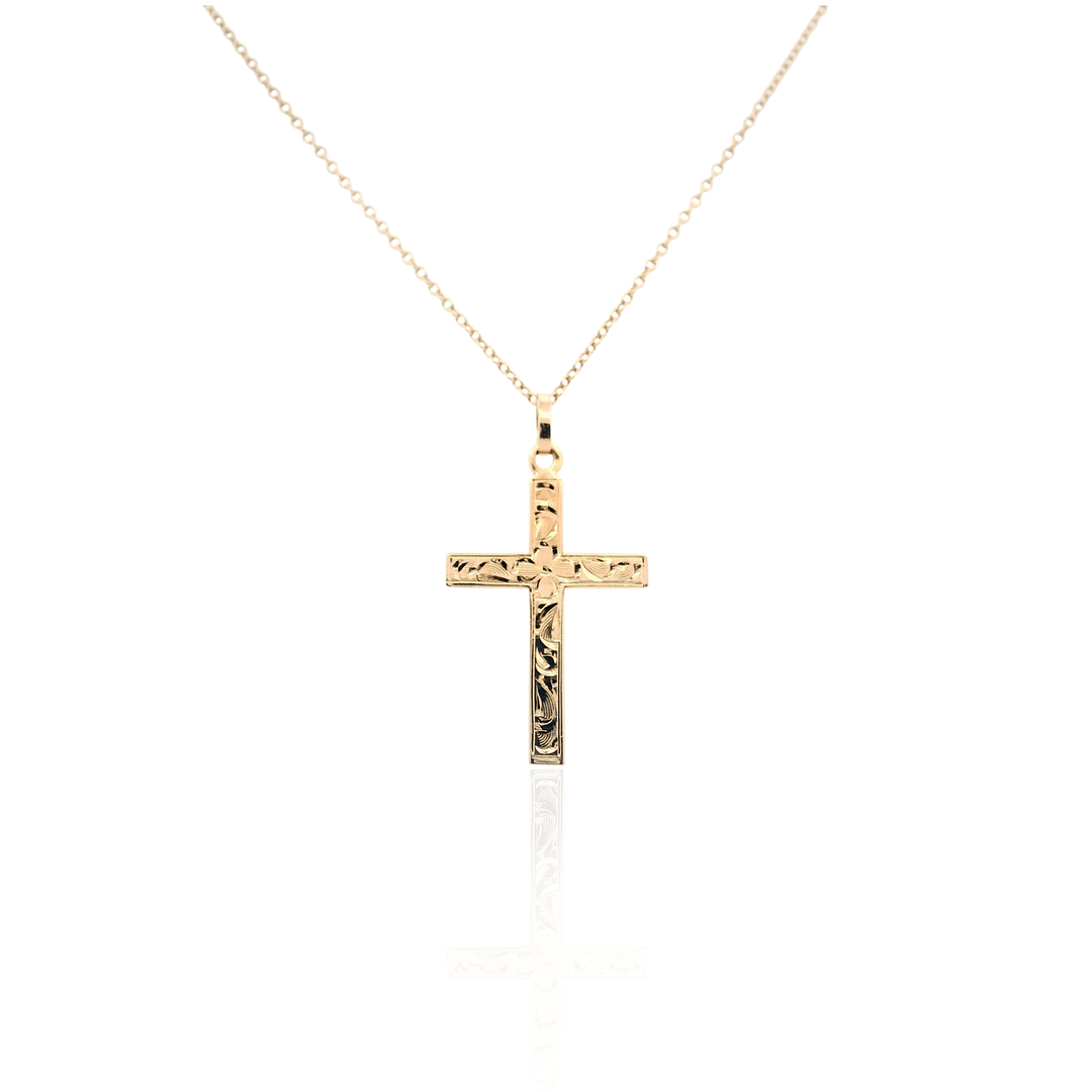 Estate 14K Yellow Gold Vintage Floral Engraved Cross Pendant Necklace