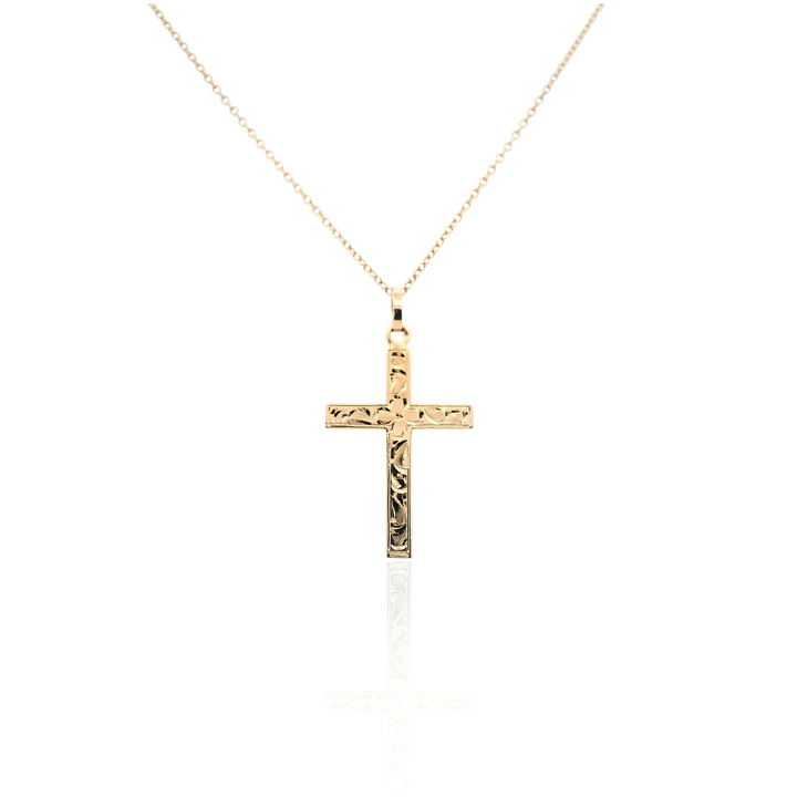 Estate 14K Yellow Gold Vintage Floral Engraved Cross Pendant Necklace