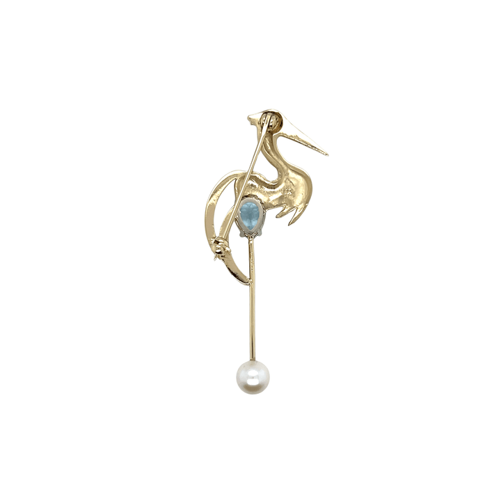 14K Yellow Gold Blue Topaz & Akoya Pearl Heron Brooch