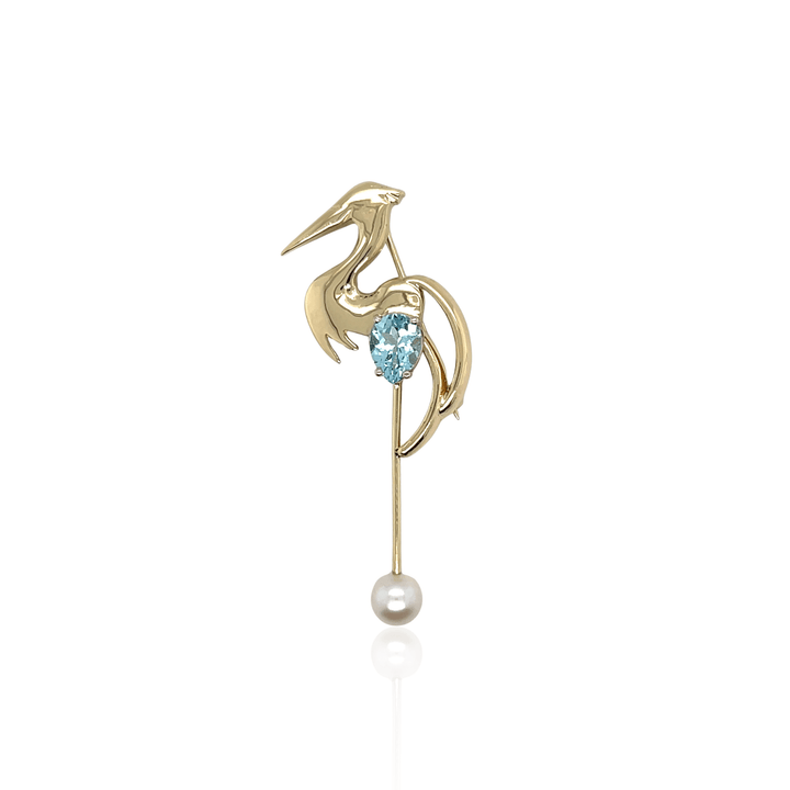 14K Yellow Gold Blue Topaz & Akoya Pearl Heron Brooch