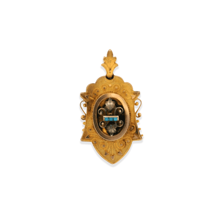 Estate 10K/14K Yellow Gold Turquoise Glass Victorian Archeological Revival Pendant with Locket Back