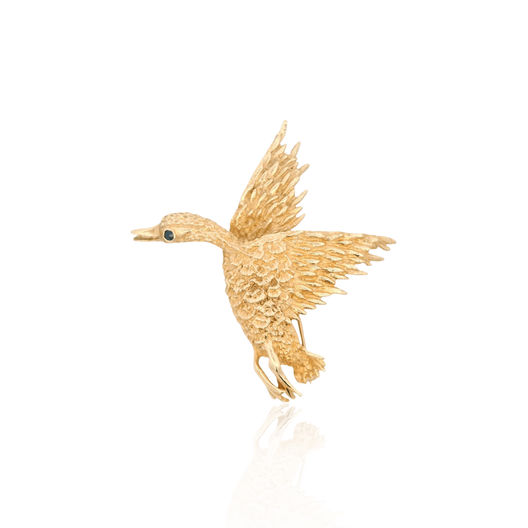 Estate 14K Yellow Gold Blue Sapphire Vintage Flying Duck Brooch