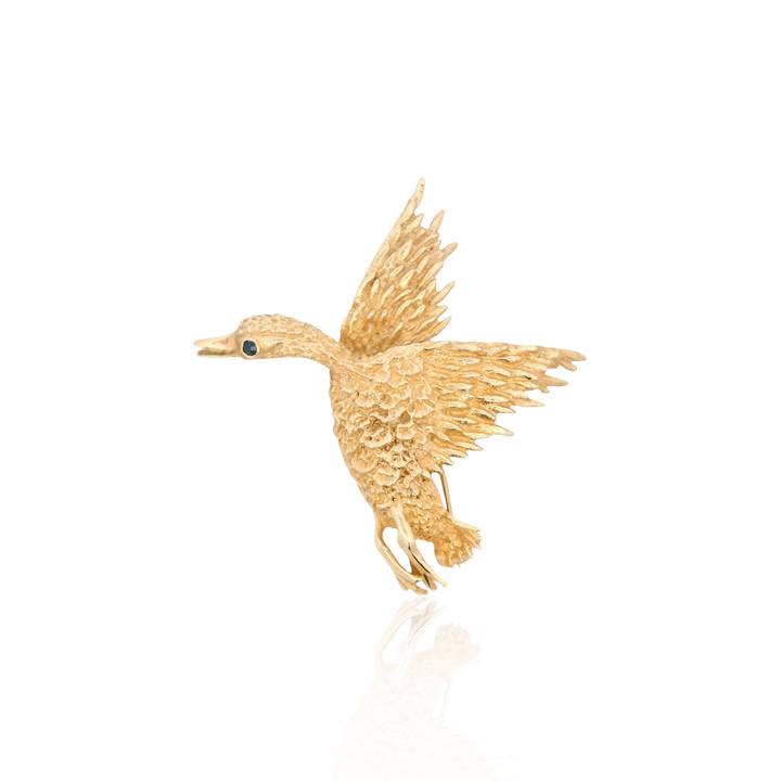 Estate 14K Yellow Gold Blue Sapphire Vintage Flying Duck Brooch